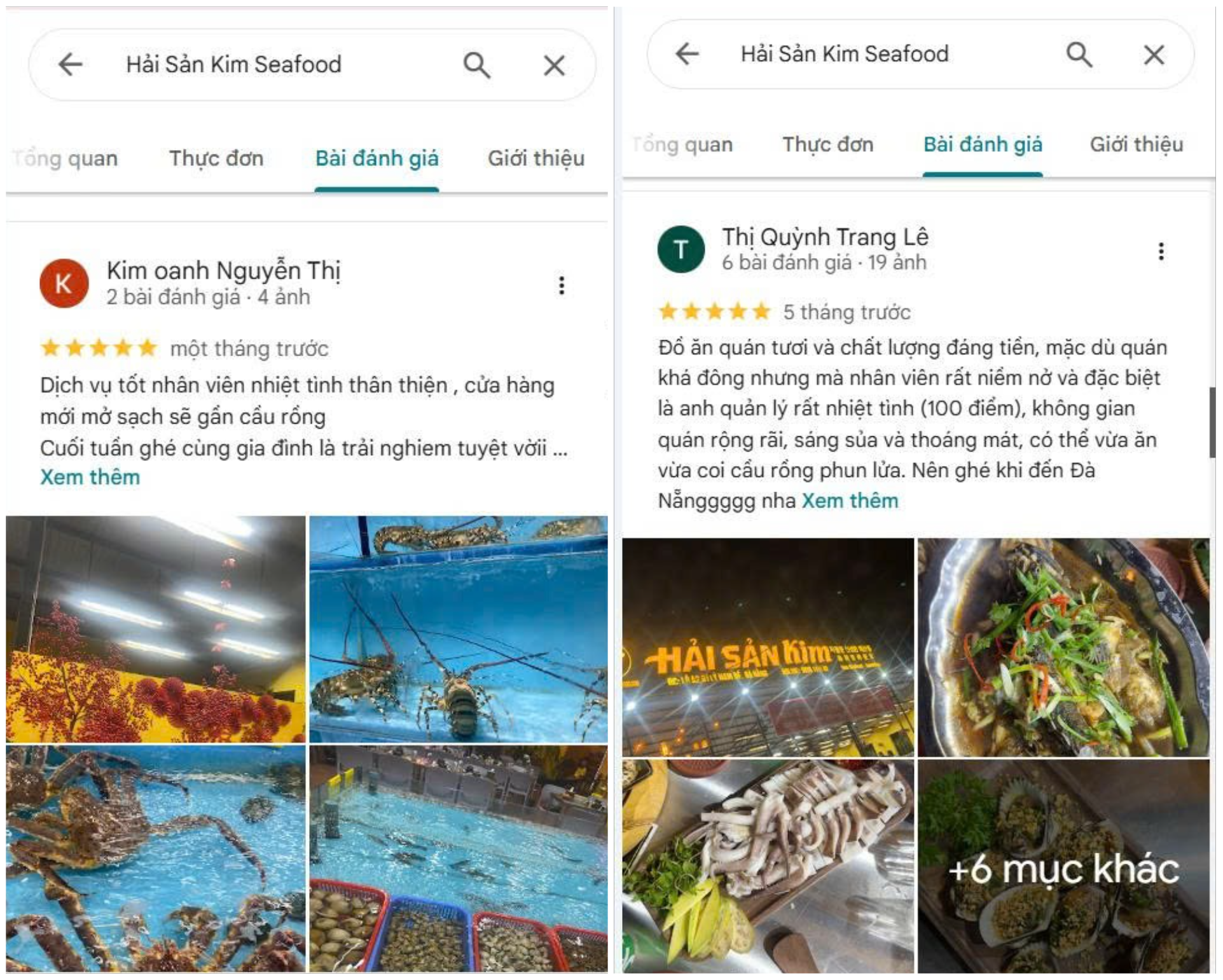 Customer reviews when they go out for seafood at reputable restaurants