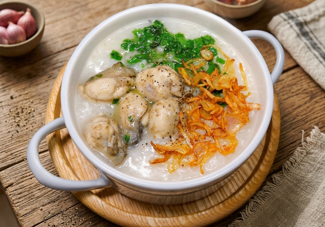 Delicious milk oyster porridge at a famous seafood restaurant